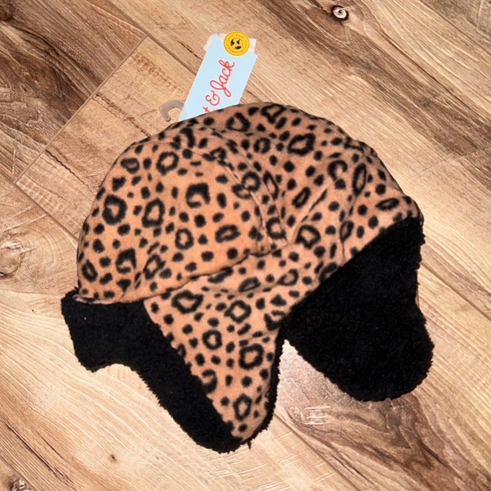 NWT Cat & Jack Girls' Leopard Printed Recycled Fleece Trapper Hat | Brown/Black - Picture 2 of 2